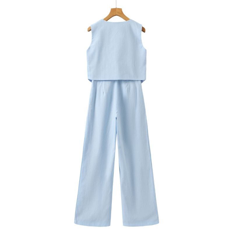 Linnen Set Dames met Mouwloos Gilet en Wijde High - Waisted Broek - Zova - Fashion