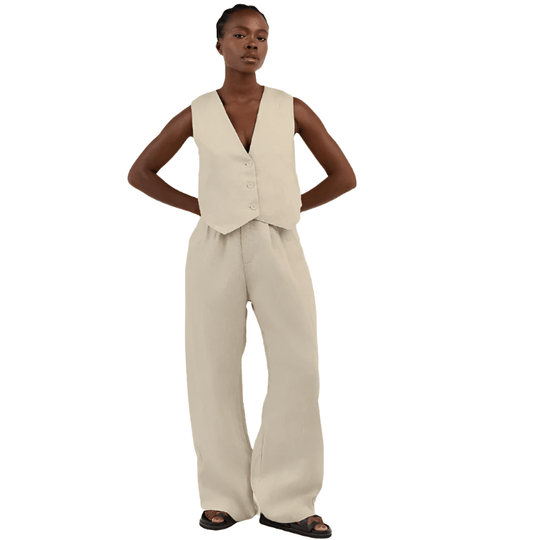 Linnen Set Dames met Mouwloos Gilet en Wijde High - Waisted Broek - Zova - Fashion
