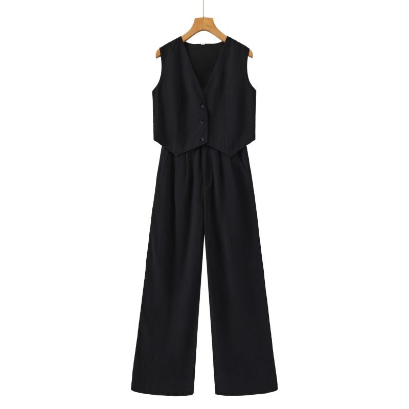 Linnen Set Dames met Mouwloos Gilet en Wijde High - Waisted Broek - Zova - Fashion