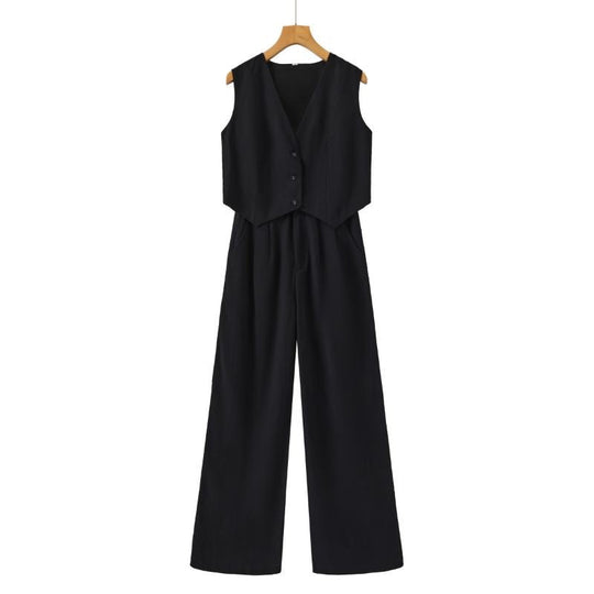 Linnen Set Dames met Mouwloos Gilet en Wijde High - Waisted Broek - Zova - Fashion
