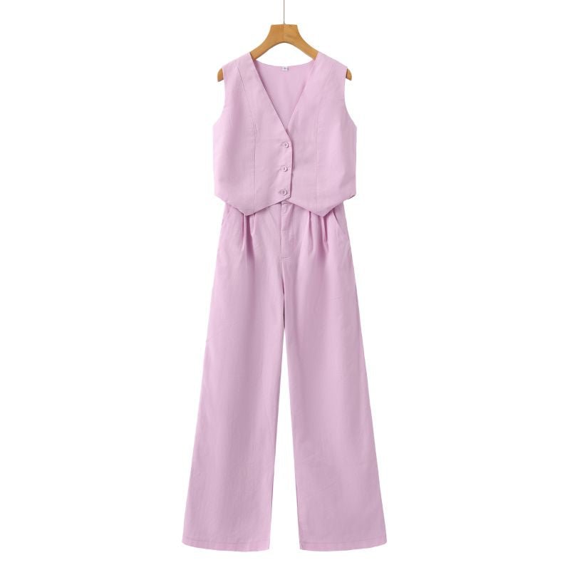 Linnen Set Dames met Mouwloos Gilet en Wijde High - Waisted Broek - Zova - Fashion