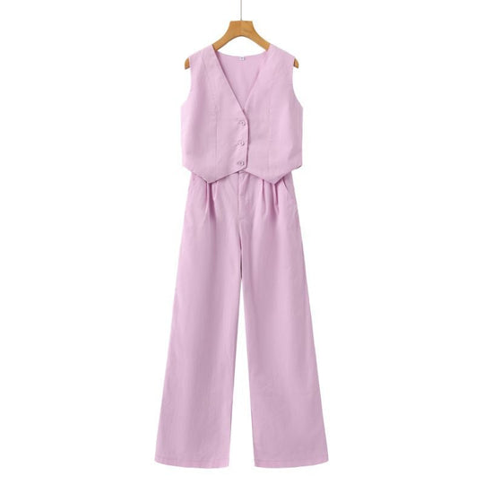 Linnen Set Dames met Mouwloos Gilet en Wijde High - Waisted Broek - Zova - Fashion