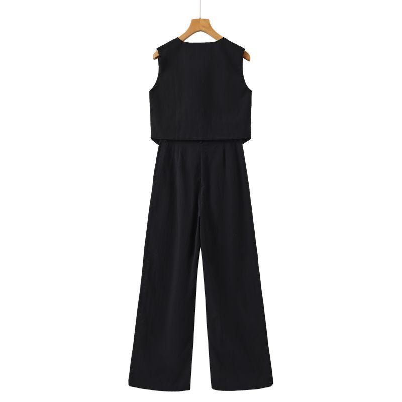 Linnen Set Dames met Mouwloos Gilet en Wijde High - Waisted Broek - Zova - Fashion