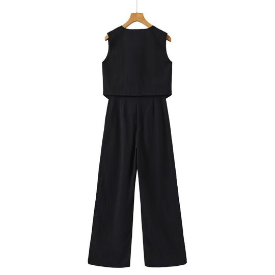 Linnen Set Dames met Mouwloos Gilet en Wijde High - Waisted Broek - Zova - Fashion