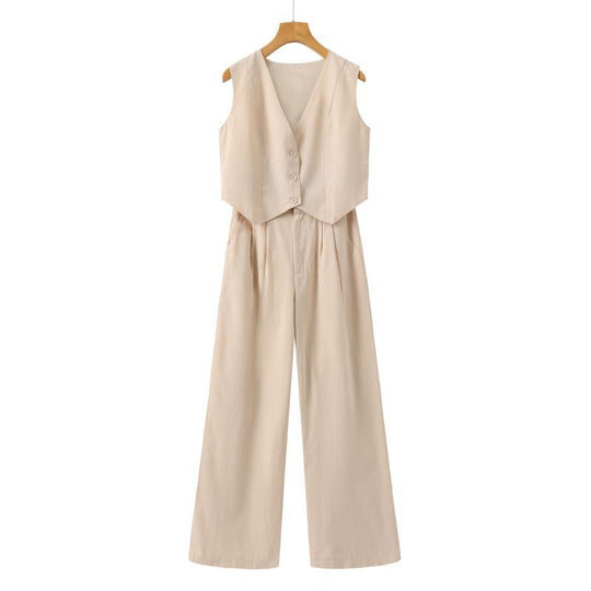 Linnen Set Dames met Mouwloos Gilet en Wijde High - Waisted Broek - Zova - Fashion
