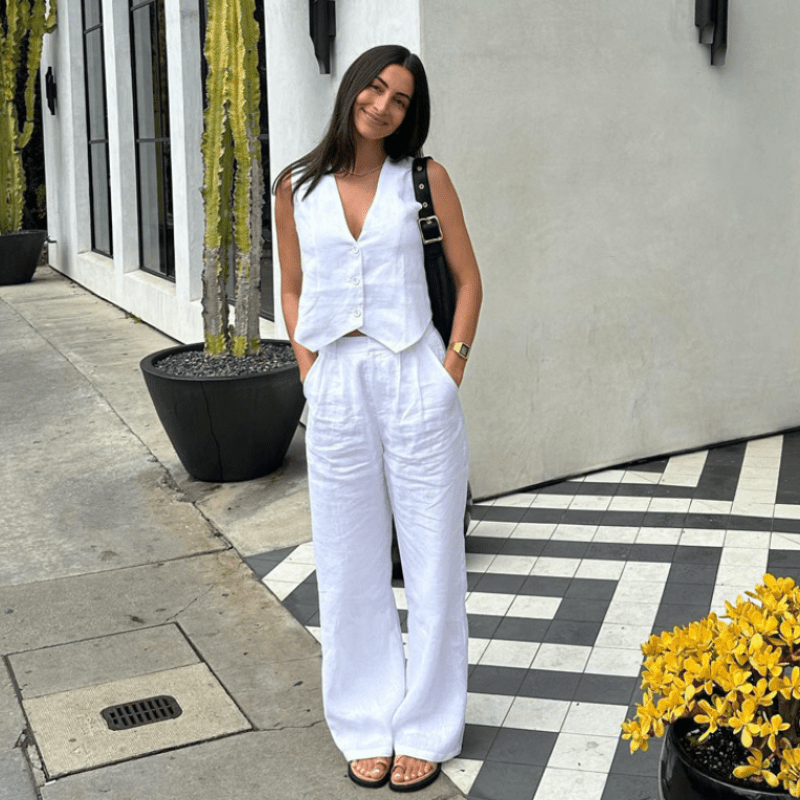 Linnen Set Dames met Mouwloos Gilet en Wijde High - Waisted Broek - Zova - Fashion