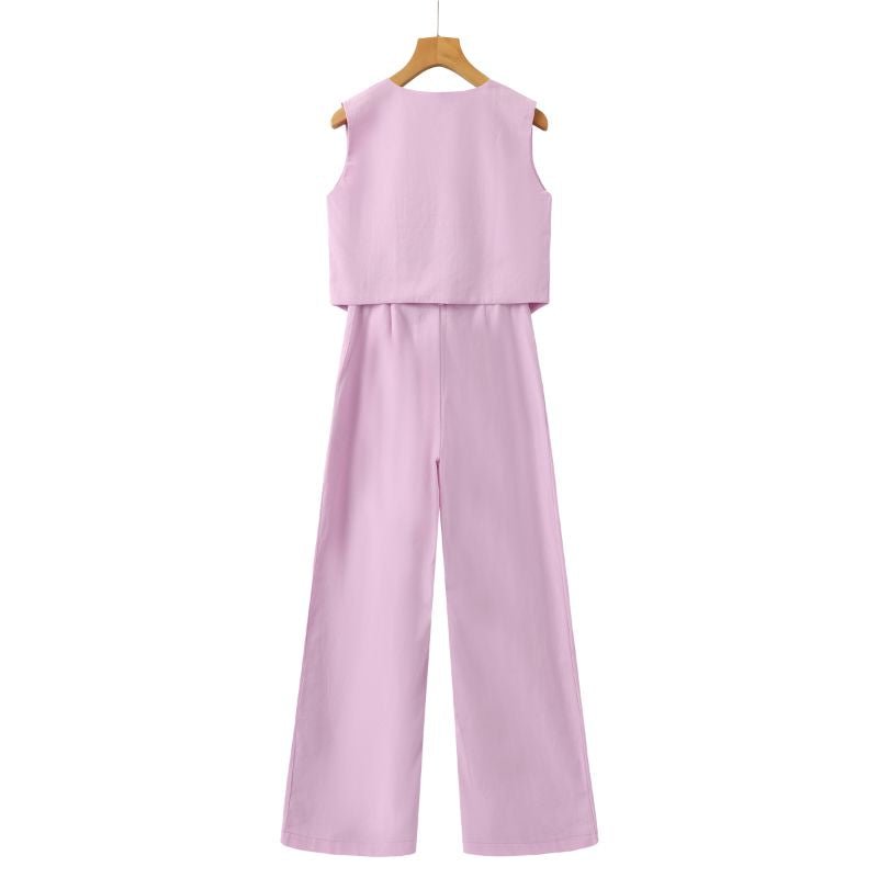 Linnen Set Dames met Mouwloos Gilet en Wijde High - Waisted Broek - Zova - Fashion