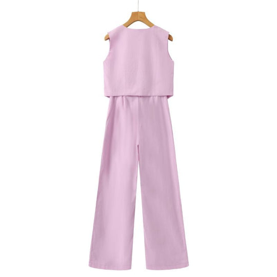 Linnen Set Dames met Mouwloos Gilet en Wijde High - Waisted Broek - Zova - Fashion