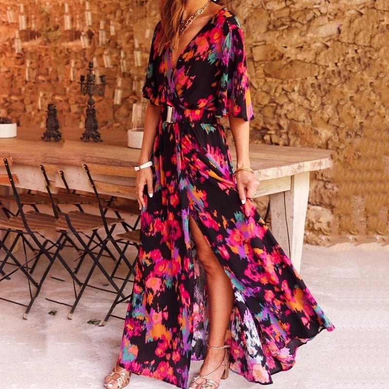 Luchtige Maxi Zomerjurk van Lichtgewicht Stof met V - Hals en Verstelbare Tailleband - Zova - Fashion - Maxi Jurk