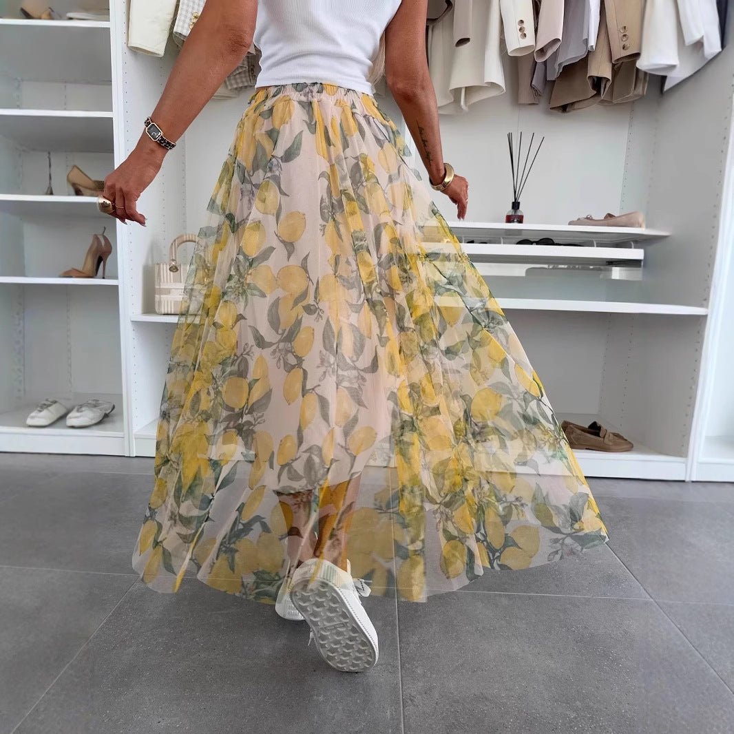 Luchtige Mesh Midi Zomerrok Dames met Citroenprint en Elastische Tailleband - Zova - Fashion