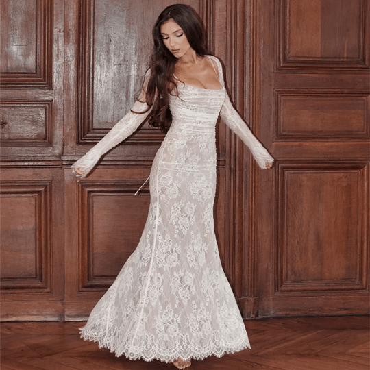 Luxe Maxi Zomerjurk Dames van Kant met Lange Mouwen en Vierkante Halslijn - ZovaFashion - Maxi Jurk