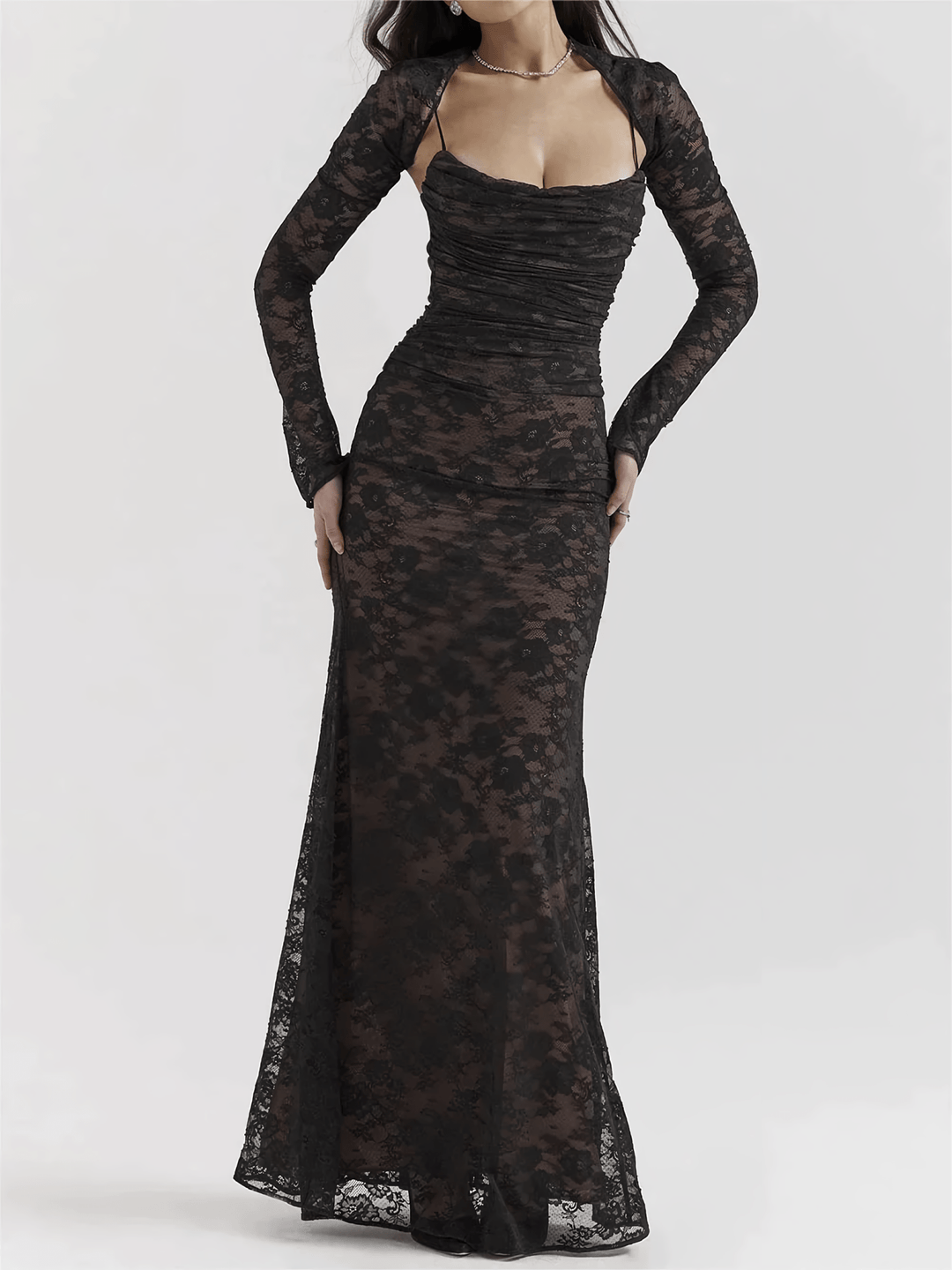 Luxe Maxi Zomerjurk Dames van Kant met Lange Mouwen en Vierkante Halslijn - ZovaFashion - Maxi Jurk