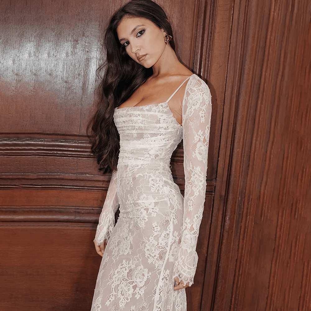 Luxe Maxi Zomerjurk Dames van Kant met Lange Mouwen en Vierkante Halslijn - ZovaFashion - Maxi Jurk
