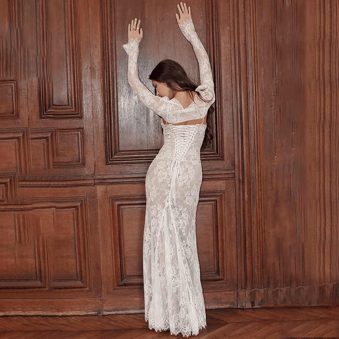 Luxe Maxi Zomerjurk Dames van Kant met Lange Mouwen en Vierkante Halslijn - ZovaFashion - Maxi Jurk