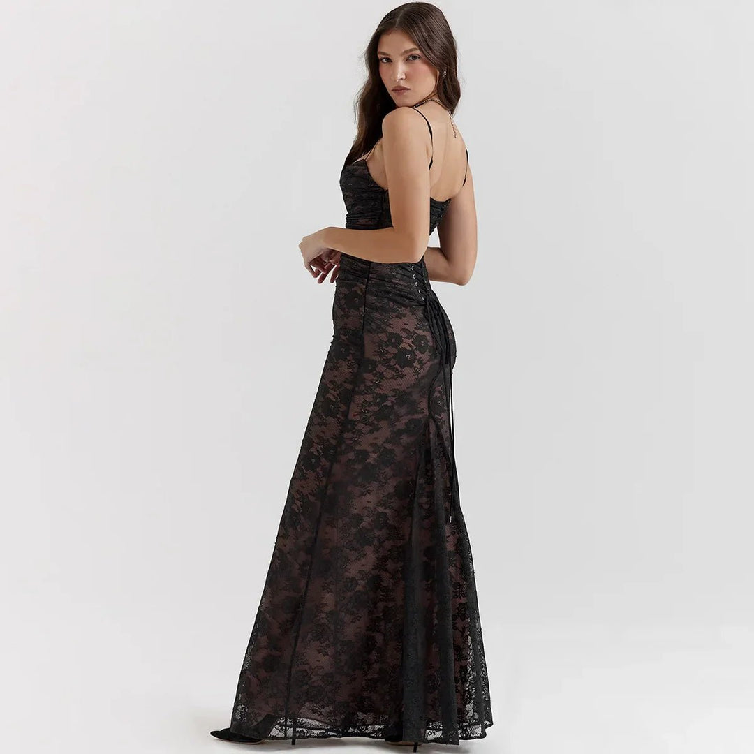 Luxe Maxi Zomerjurk Dames van Kant met Vloeiende Silhouet en Twee - Delige Set - ZovaFashion - Maxi Jurk