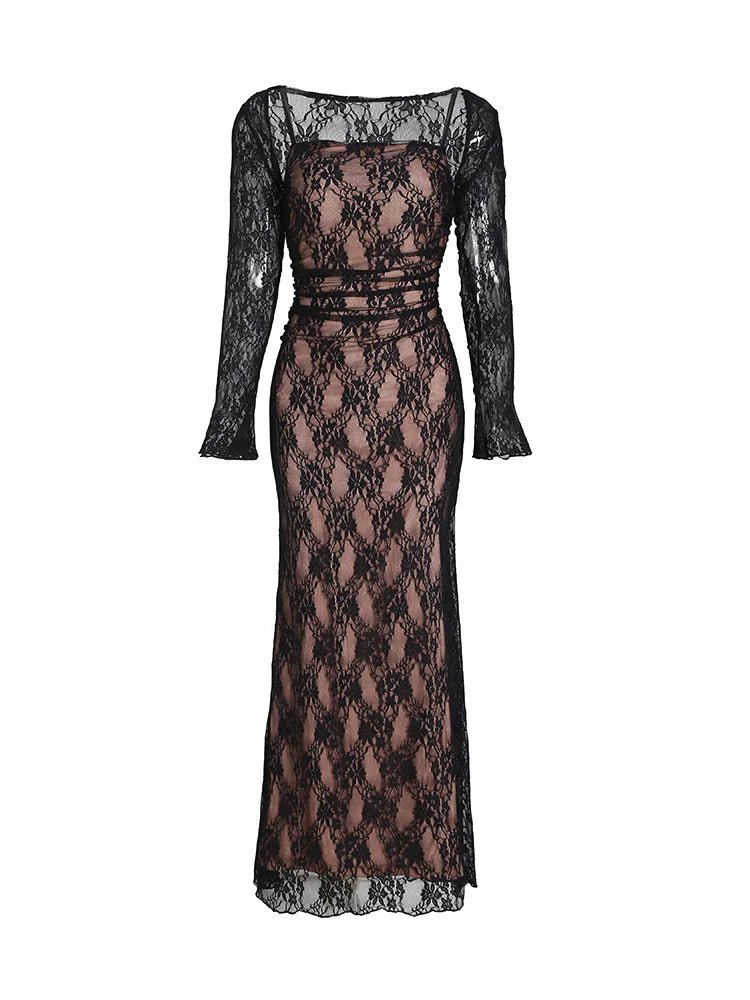 Luxe Maxi Zomerjurk Dames van Kant met Vloeiende Silhouet en Twee - Delige Set - ZovaFashion - Maxi Jurk