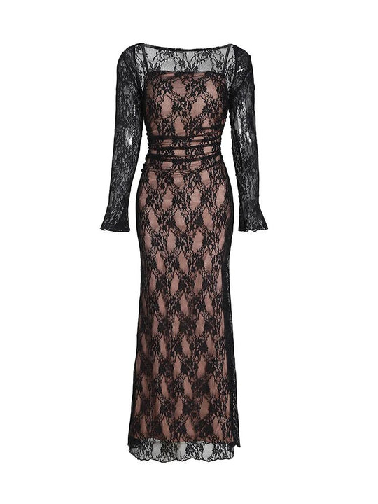 Luxe Maxi Zomerjurk Dames van Kant met Vloeiende Silhouet en Twee - Delige Set - ZovaFashion - Maxi Jurk