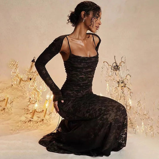 Luxe Maxi Zomerjurk Dames van Kant met Vloeiende Silhouet en Twee - Delige Set - ZovaFashion - Maxi Jurk