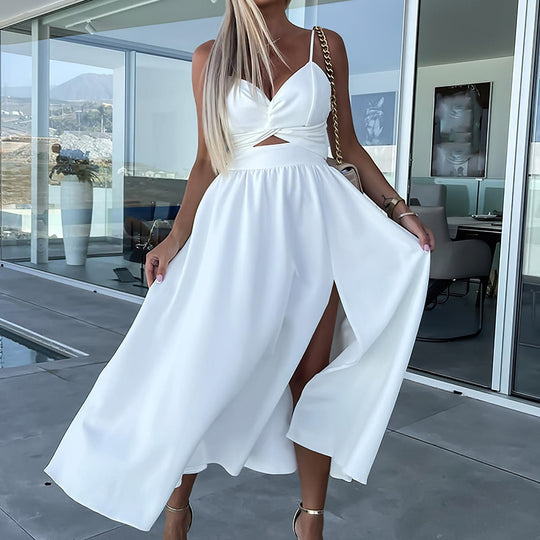 Luxueuze Midi Zomerjurk Dames van Polyester met Klassieke Midi - Lengte en Nauwsluitende Pasvorm - ZovaFashion - Midi Jurken