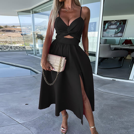 Luxueuze Midi Zomerjurk Dames van Polyester met Klassieke Midi - Lengte en Nauwsluitende Pasvorm - ZovaFashion - Midi Jurken