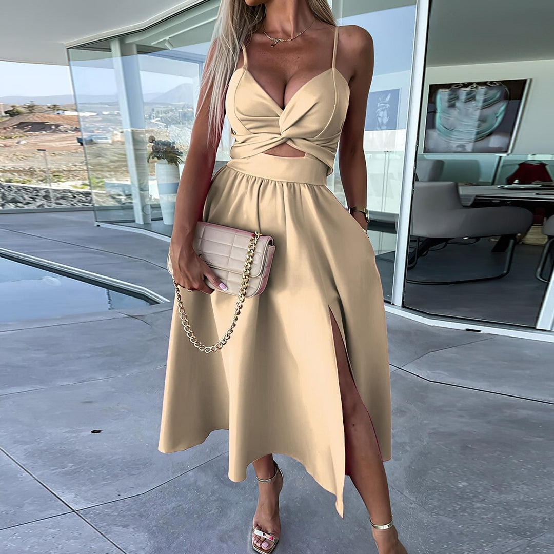 Luxueuze Midi Zomerjurk Dames van Polyester met Klassieke Midi - Lengte en Nauwsluitende Pasvorm - ZovaFashion - Midi Jurken