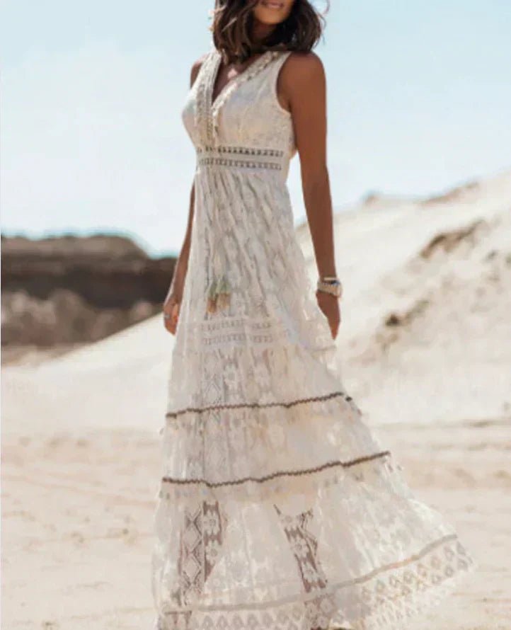 Maxi Zomerjurk Dames - Elowynn Boho Kantjurk met V - Hals en Getailleerde Koordsluiting - Zova - Fashion