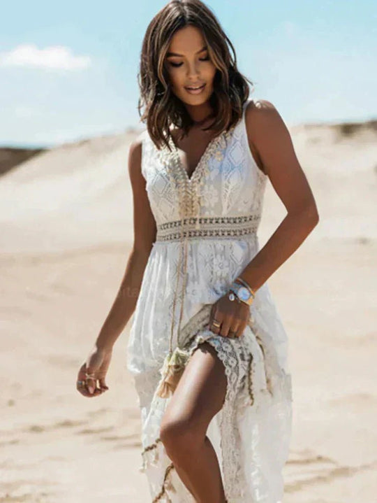 Maxi Zomerjurk Dames - Elowynn Boho Kantjurk met V - Hals en Getailleerde Koordsluiting - Zova - Fashion