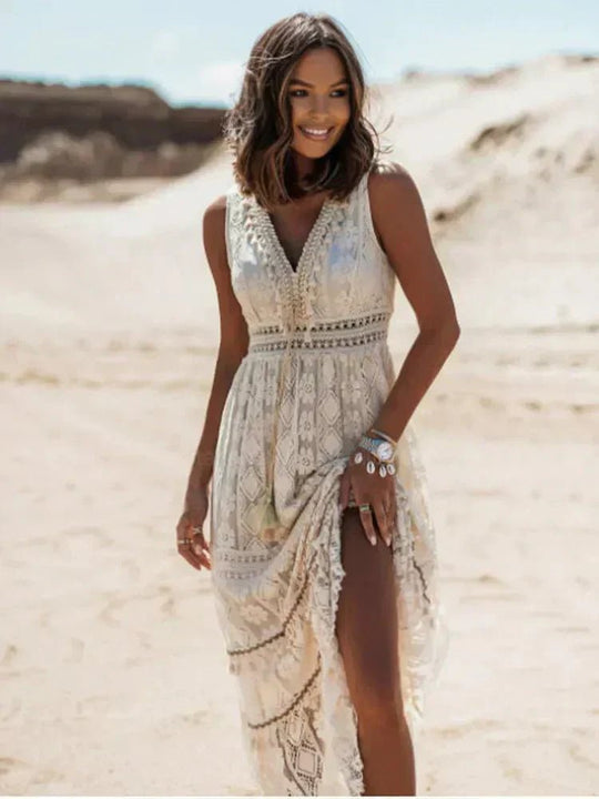 Maxi Zomerjurk Dames - Elowynn Boho Kantjurk met V - Hals en Getailleerde Koordsluiting - Zova - Fashion