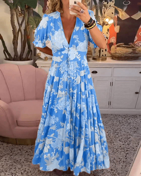 Maxi Zomerjurk Dames in Katoen met V - Hals en Verfijnde Bloemenprint - ZovaFashion - Maxi Jurk