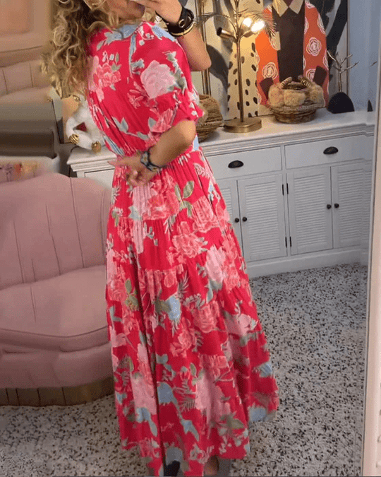 Maxi Zomerjurk Dames in Katoen met V - Hals en Verfijnde Bloemenprint - ZovaFashion - Maxi Jurk
