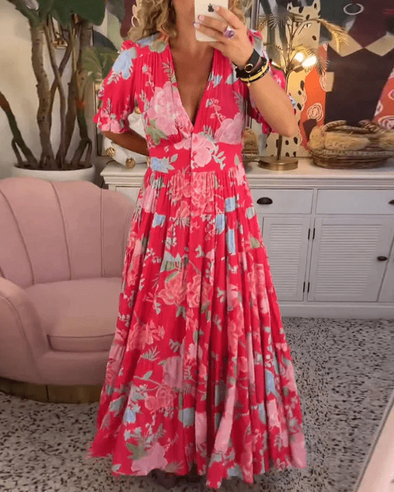 Maxi Zomerjurk Dames in Katoen met V - Hals en Verfijnde Bloemenprint - ZovaFashion - Maxi Jurk
