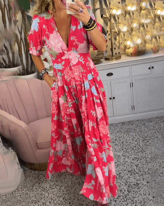 Maxi Zomerjurk Dames in Katoen met V - Hals en Verfijnde Bloemenprint - ZovaFashion - Maxi Jurk