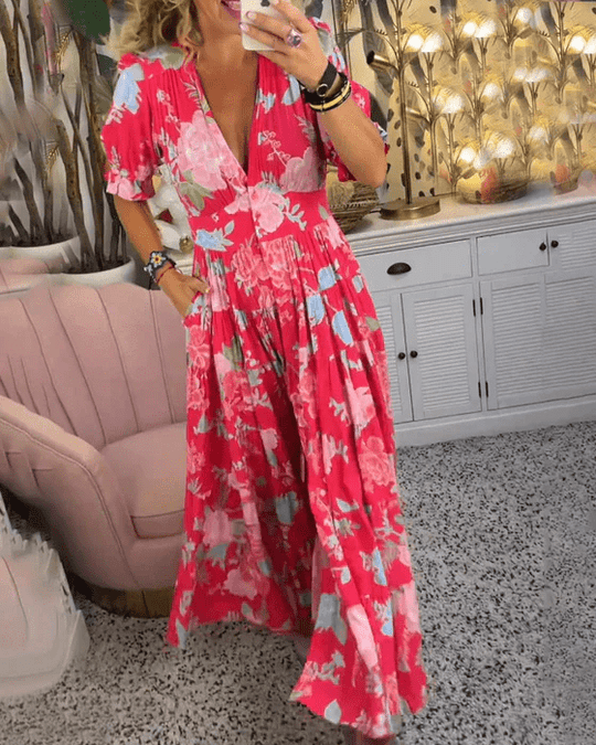 Maxi Zomerjurk Dames in Katoen met V - Hals en Verfijnde Bloemenprint - ZovaFashion - Maxi Jurk