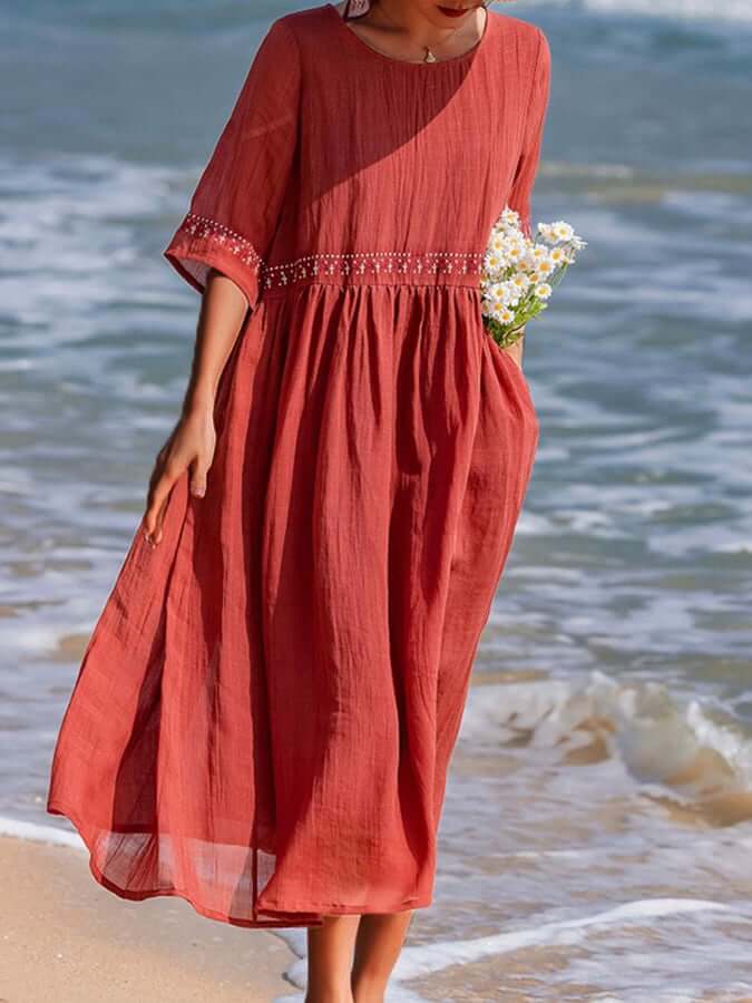 Maxi Zomerjurk Dames van Katoen en Linnen met Losse Pasvorm en Kanten Afwerking - ZovaFashion - Maxi Jurk