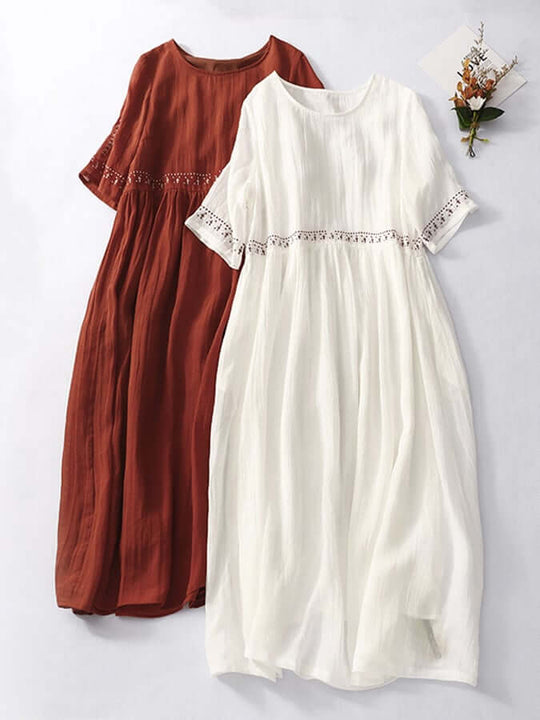 Maxi Zomerjurk Dames van Katoen en Linnen met Losse Pasvorm en Kanten Afwerking - ZovaFashion - Maxi Jurk