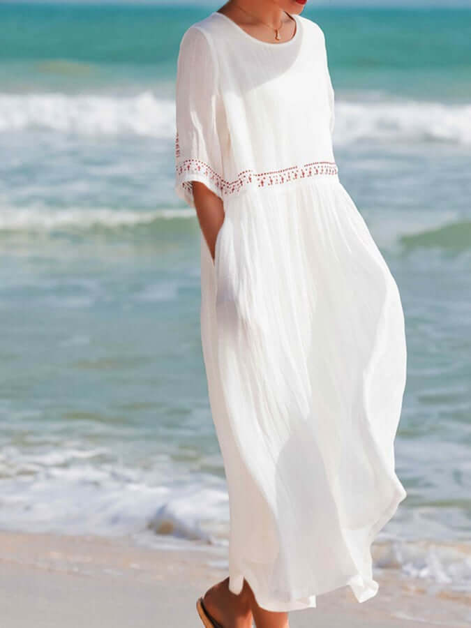 Maxi Zomerjurk Dames van Katoen en Linnen met Losse Pasvorm en Kanten Afwerking - ZovaFashion - Maxi Jurk