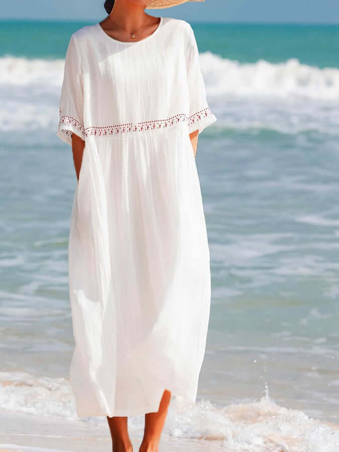 Maxi Zomerjurk Dames van Katoen en Linnen met Losse Pasvorm en Kanten Afwerking - ZovaFashion - Maxi Jurk