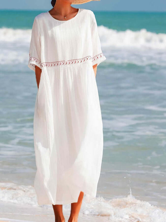 Maxi Zomerjurk Dames van Katoen en Linnen met Losse Pasvorm en Kanten Afwerking - ZovaFashion - Maxi Jurk