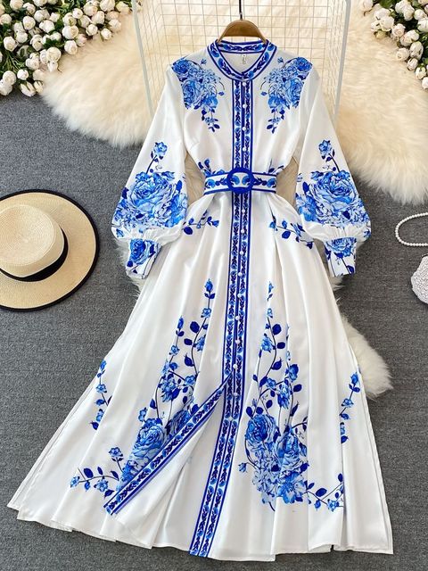 Maxi Zomerjurk Dames van Katoen met Bloemenprint en Lange Lantaarnmouwen Vintage Design - ZovaFashion - Maxi Jurk