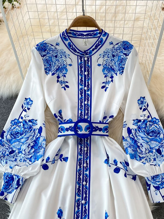 Maxi Zomerjurk Dames van Katoen met Bloemenprint en Lange Lantaarnmouwen Vintage Design - ZovaFashion - Maxi Jurk