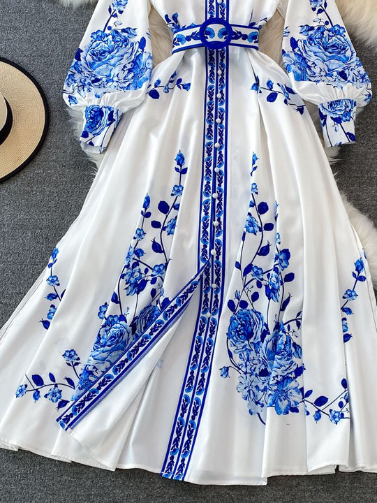 Maxi Zomerjurk Dames van Katoen met Bloemenprint en Lange Lantaarnmouwen Vintage Design - ZovaFashion - Maxi Jurk