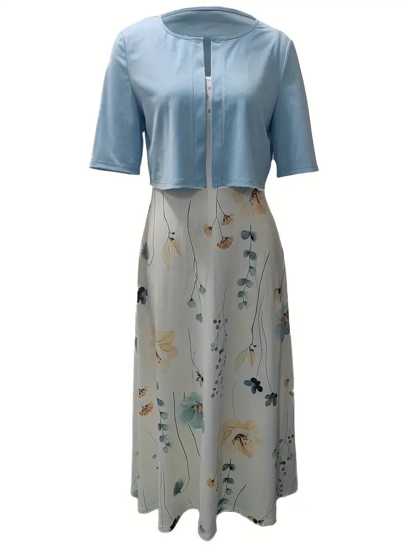 Maxi Zomerjurk Dames van Katoen met Bloemenprint en Ronde Hals: Elegante Set met Crop Top - ZovaFashion - Maxi Jurk