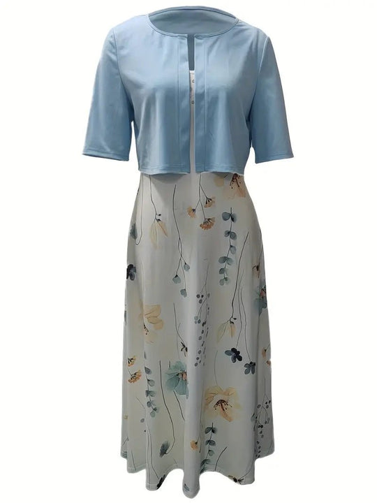 Maxi Zomerjurk Dames van Katoen met Bloemenprint en Ronde Hals: Elegante Set met Crop Top - ZovaFashion - Maxi Jurk