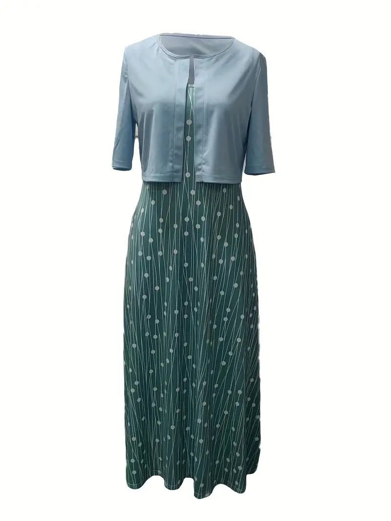 Maxi Zomerjurk Dames van Katoen met Bloemenprint en Ronde Hals: Elegante Set met Crop Top - ZovaFashion - Maxi Jurk