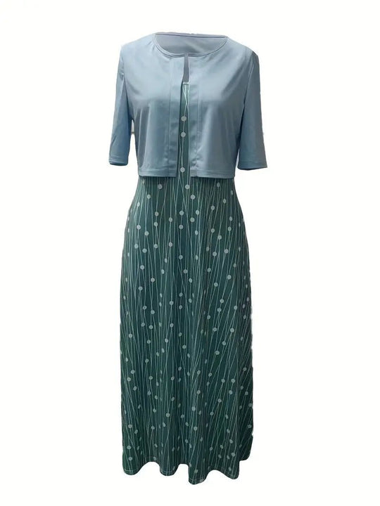 Maxi Zomerjurk Dames van Katoen met Bloemenprint en Ronde Hals: Elegante Set met Crop Top - ZovaFashion - Maxi Jurk