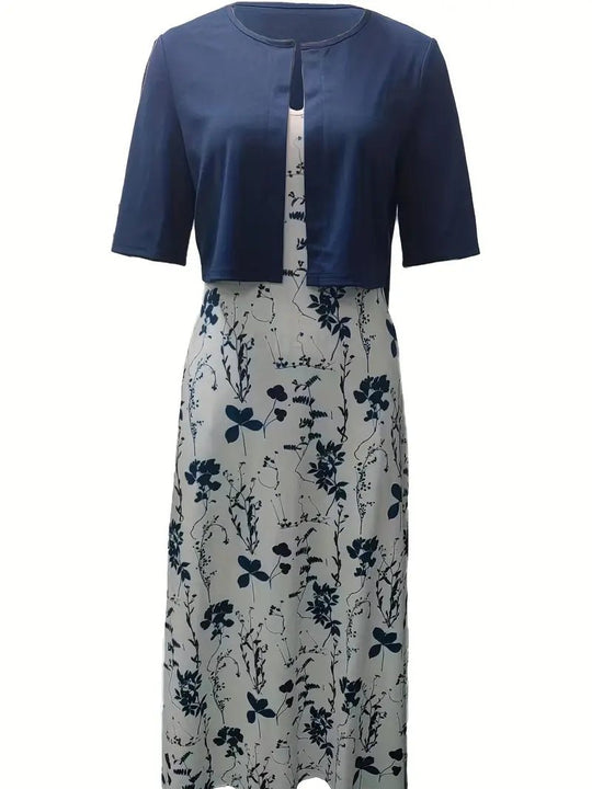 Maxi Zomerjurk Dames van Katoen met Bloemenprint en Ronde Hals: Elegante Set met Crop Top - ZovaFashion - Maxi Jurk