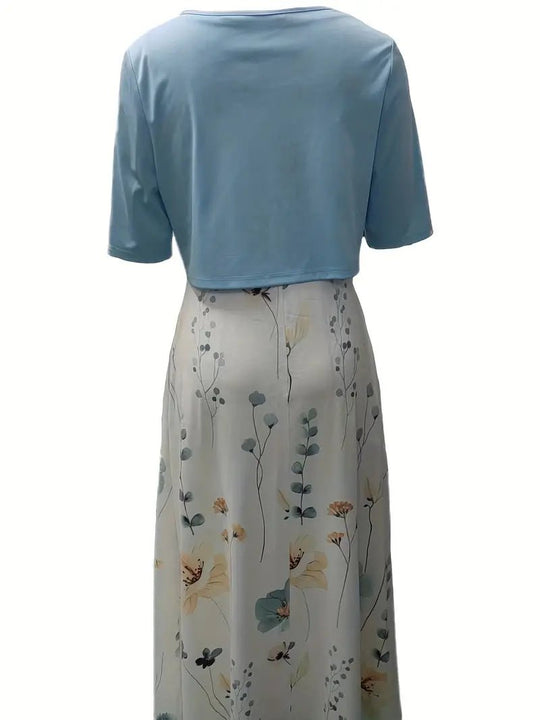 Maxi Zomerjurk Dames van Katoen met Bloemenprint en Ronde Hals: Elegante Set met Crop Top - ZovaFashion - Maxi Jurk