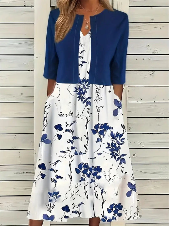 Maxi Zomerjurk Dames van Katoen met Bloemenprint en Ronde Hals: Elegante Set met Crop Top - ZovaFashion - Maxi Jurk