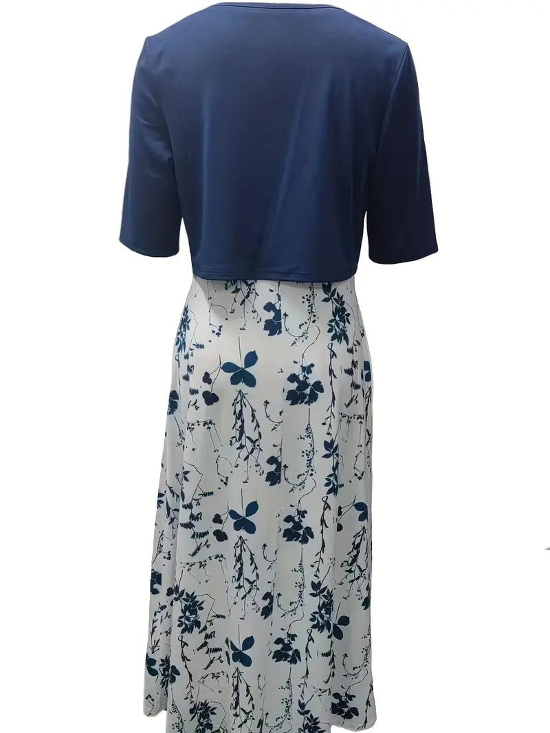 Maxi Zomerjurk Dames van Katoen met Bloemenprint en Ronde Hals: Elegante Set met Crop Top - ZovaFashion - Maxi Jurk