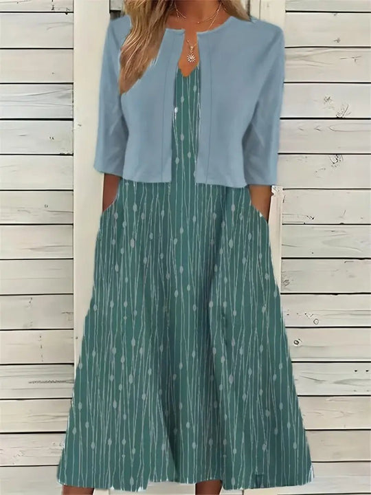 Maxi Zomerjurk Dames van Katoen met Bloemenprint en Ronde Hals: Elegante Set met Crop Top - ZovaFashion - Maxi Jurk